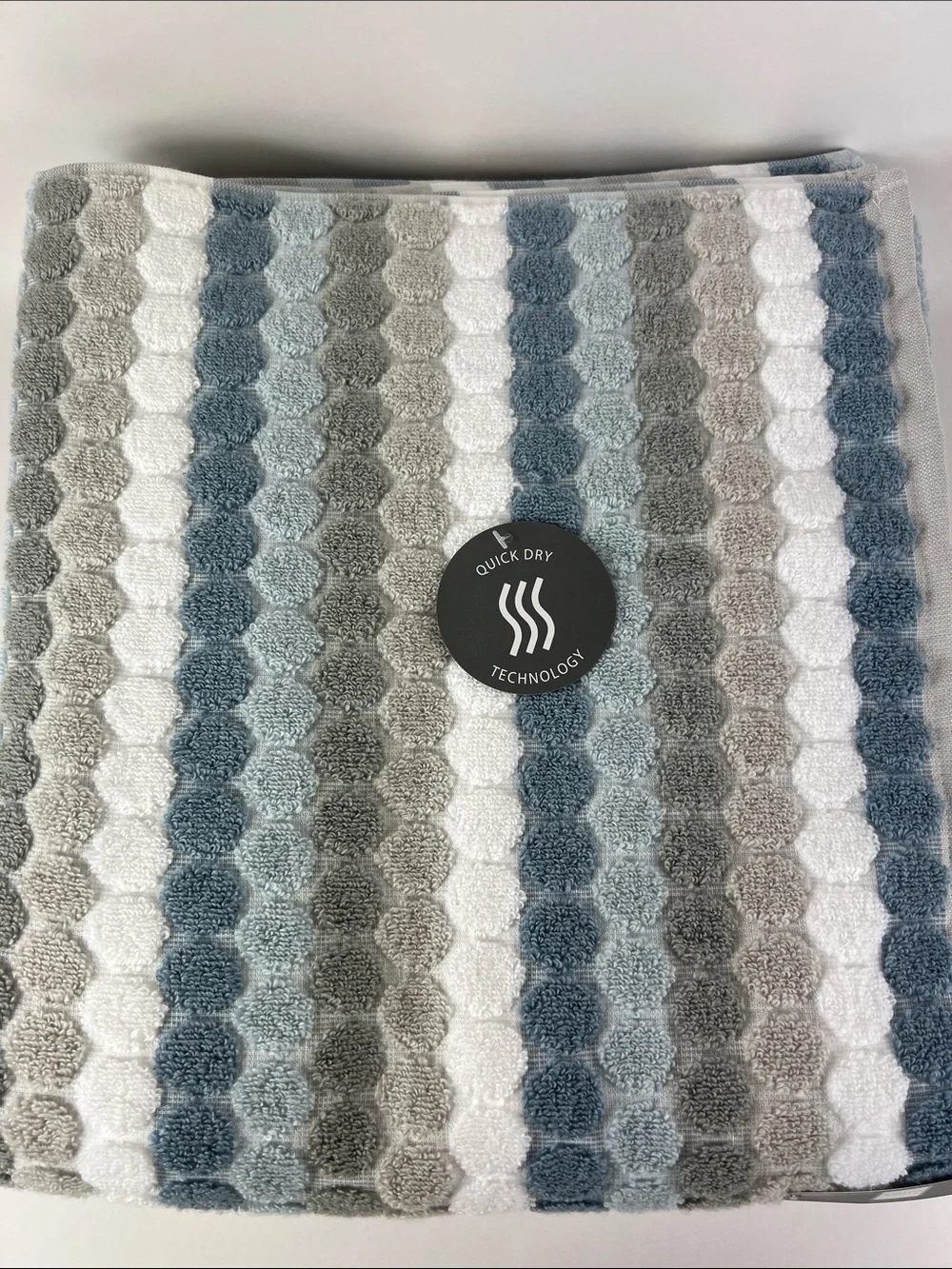 Soho Living Bath Towels in Blue, Gray, White Striped Zero Twist Cotton 2 Pc NEW